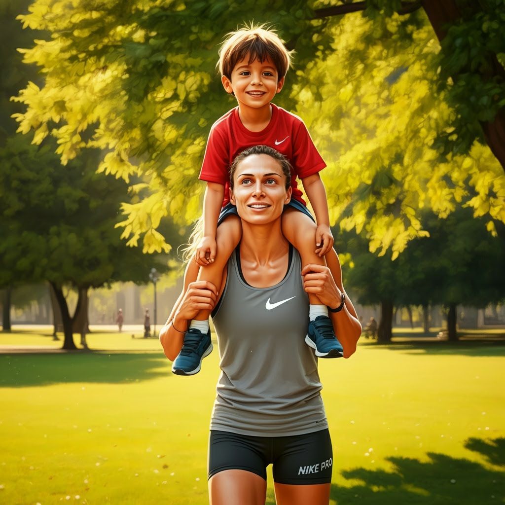 Joyful Park Scene: Boy Rides on Woman's Shoulders