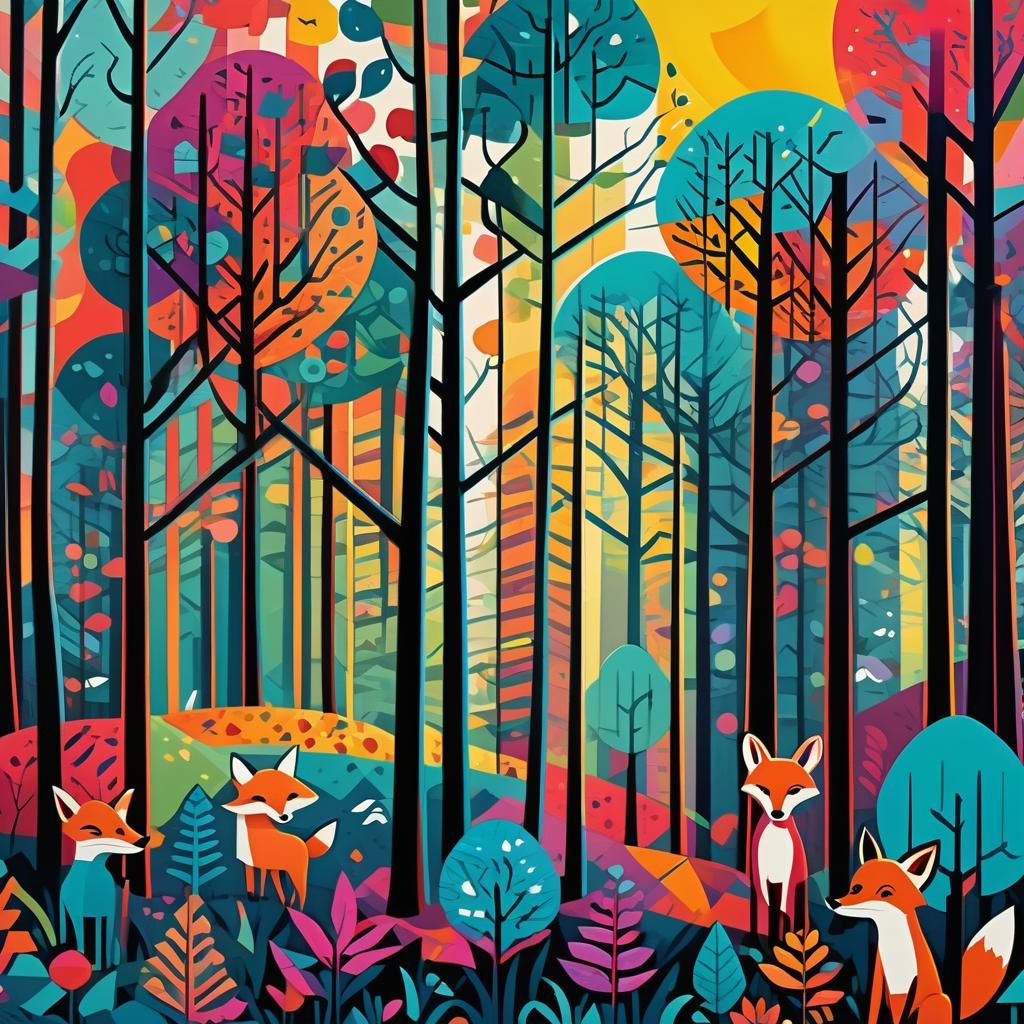 Colorful Forest Animals Play in Geometric Pop Art