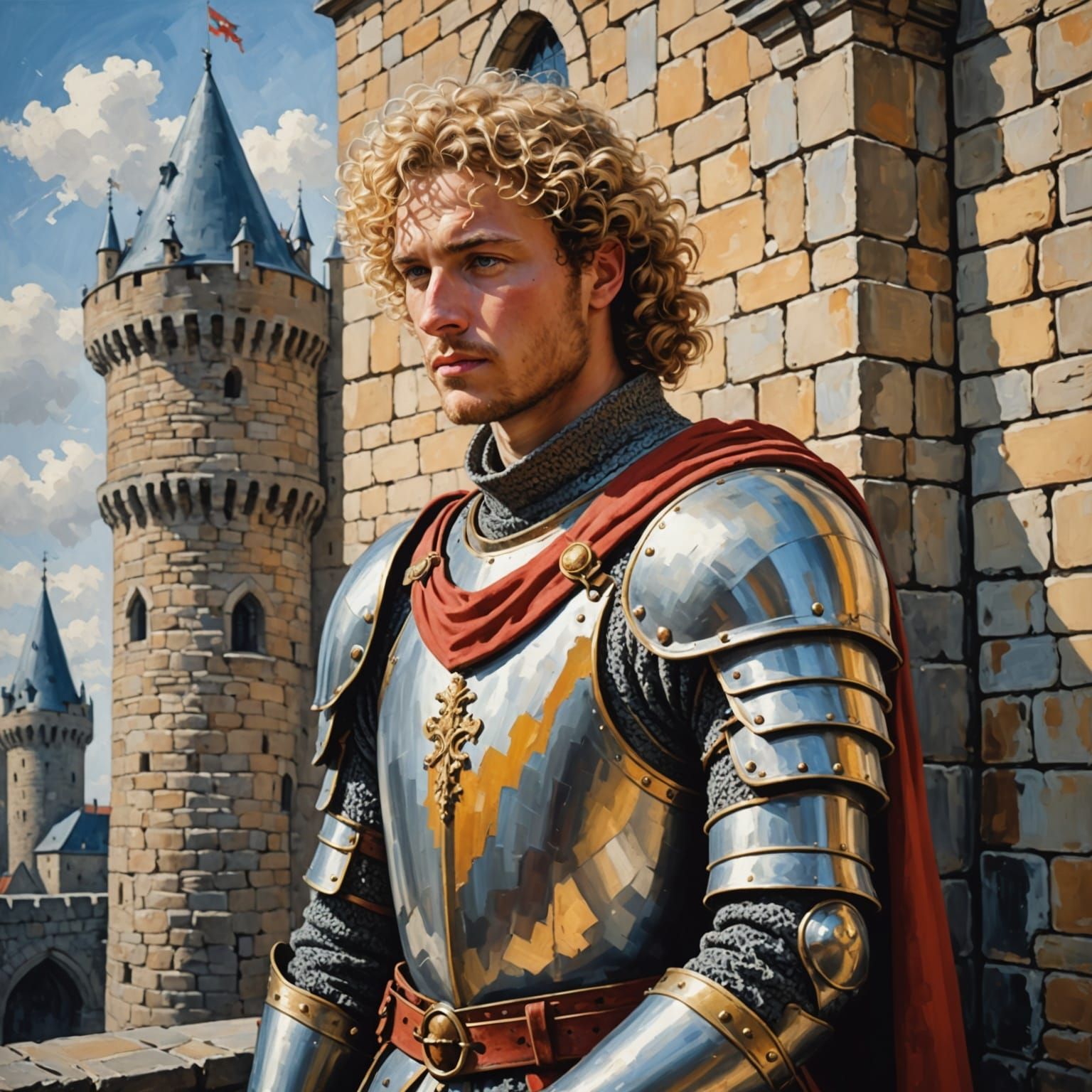 Handsome Knight Watches from Castle Rampart in Abstract Art