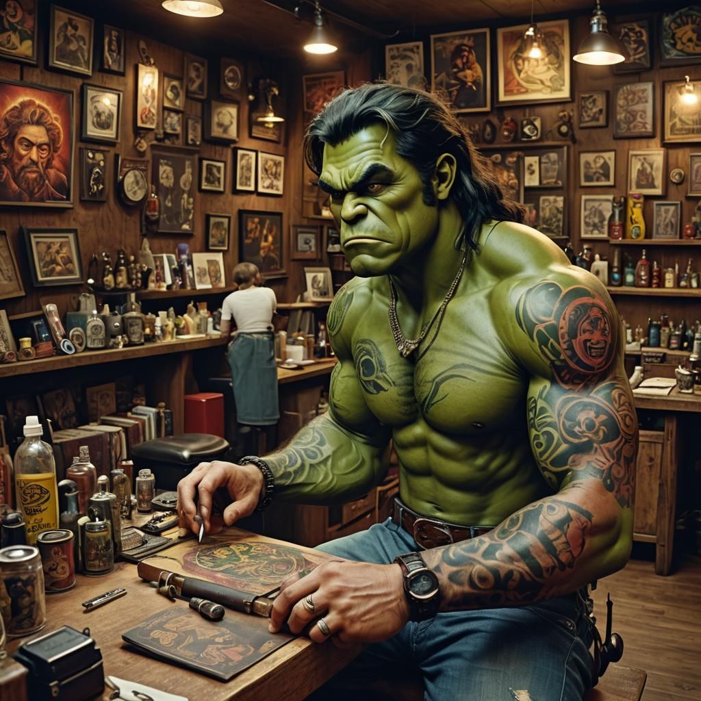 Tattoo Artist Inking Hulk on Minion: 1980s Style