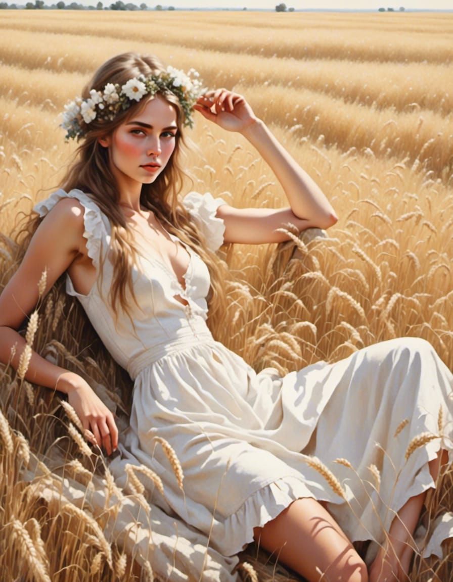 Woman with Flower Crown in Wheat Field Painting