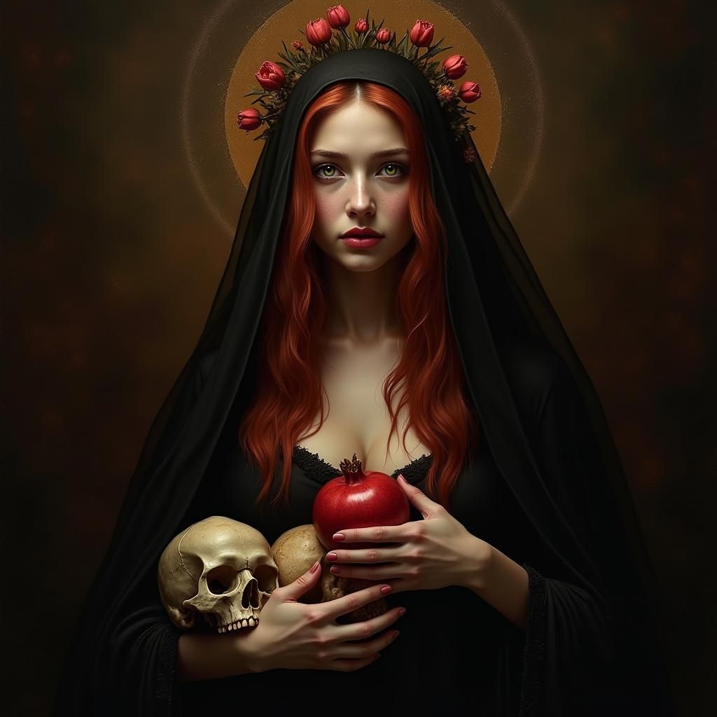 Mysterious Dark Goddess with Red Hair and Pomegranate