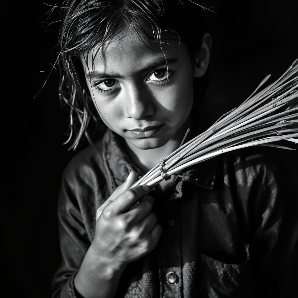 Introspective Girl with Reeds: Black and White Photo