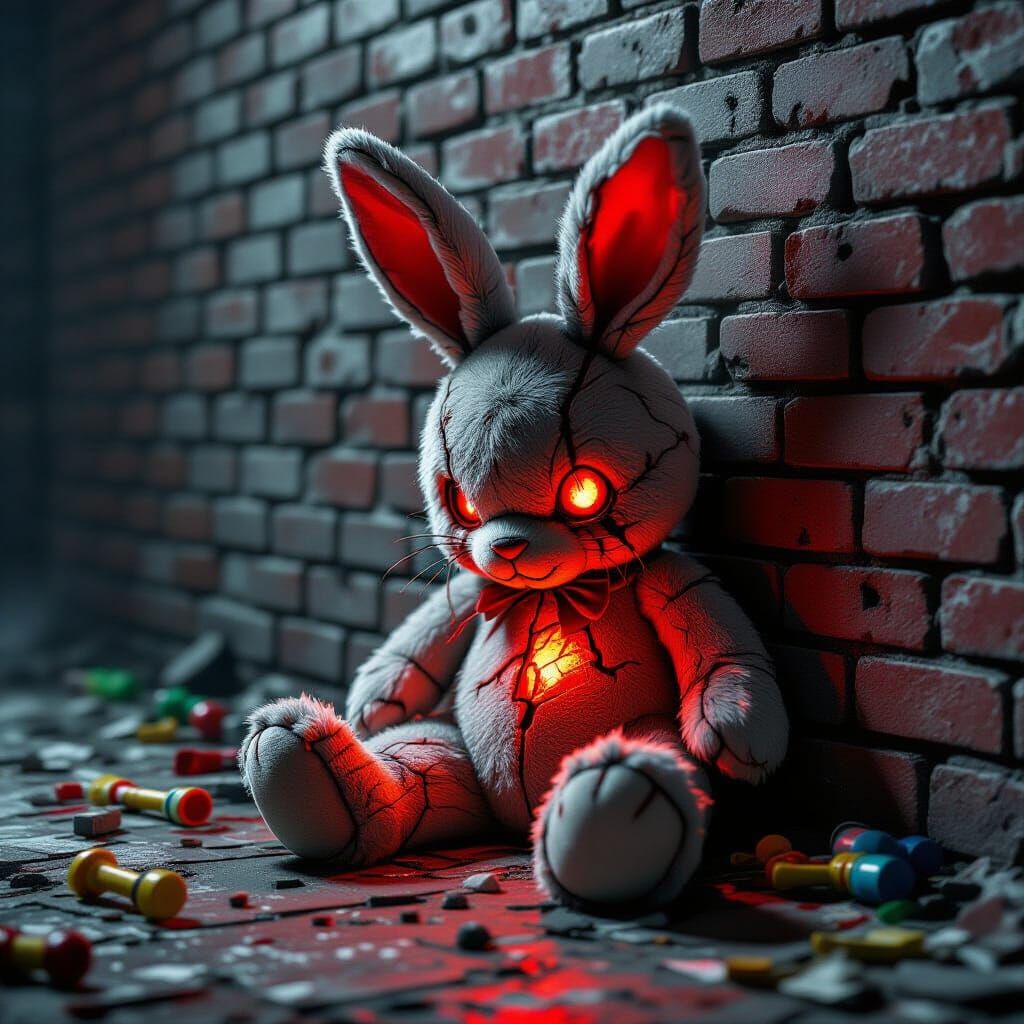Creepy Stuffed Rabbit in Fog Against Brick Wall