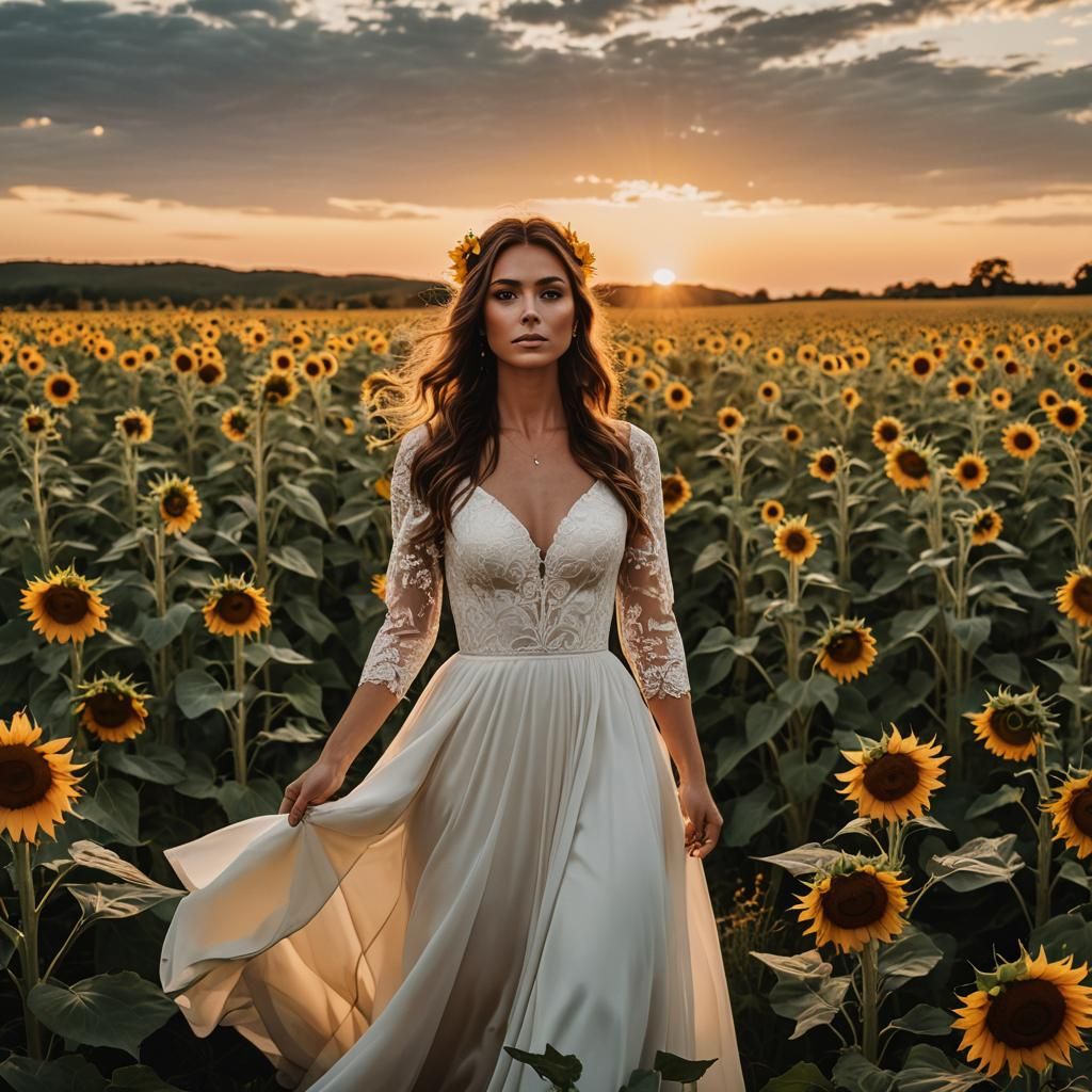 Sunflower Wedding Dress in Golden Sunset Light