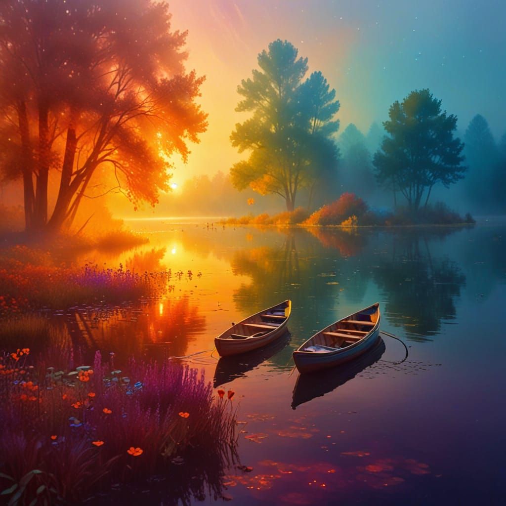 Ethereal Watercolor Autumn Lake Scene