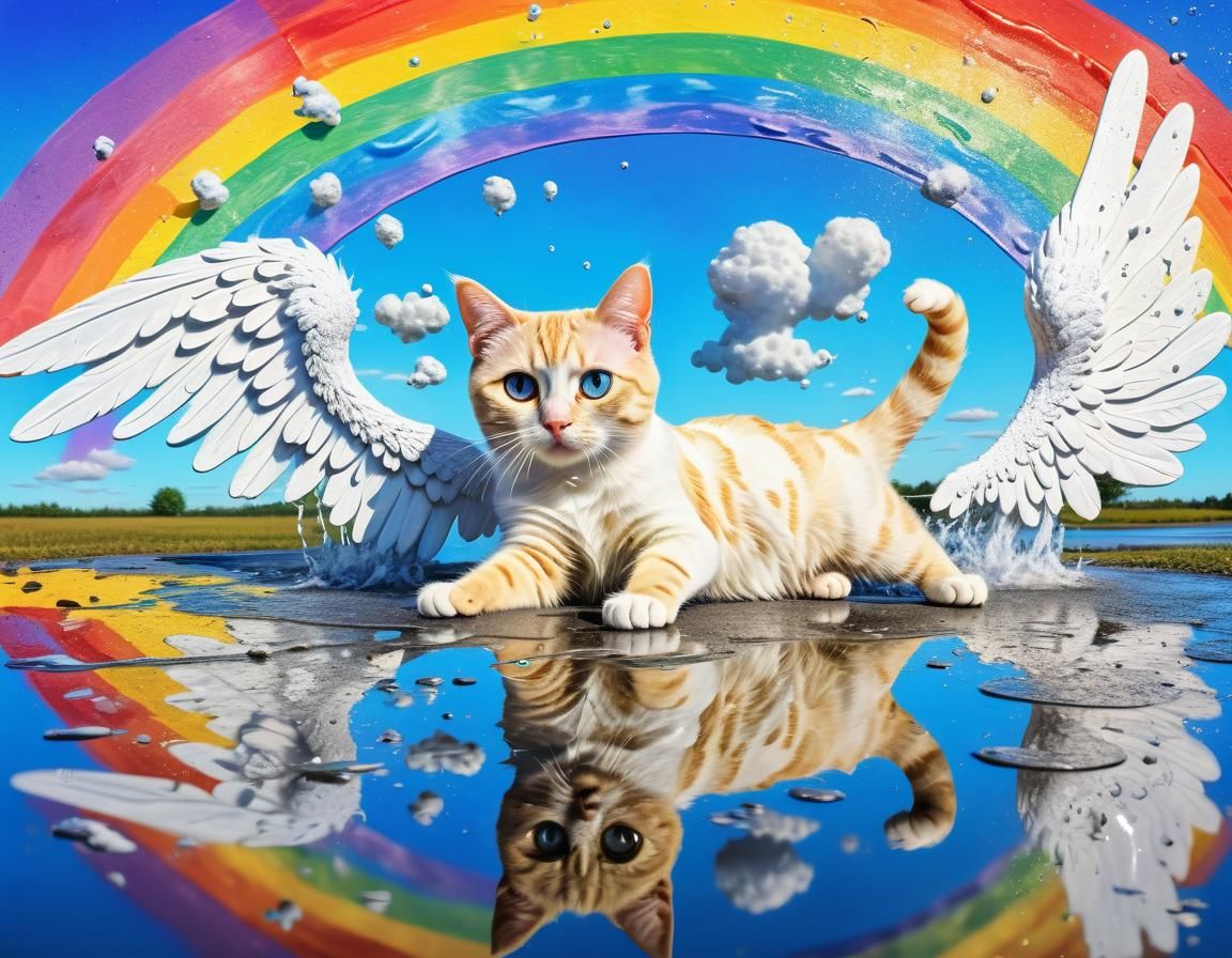 Cat Splashes Rainbow Reflection in Van Gogh Sky