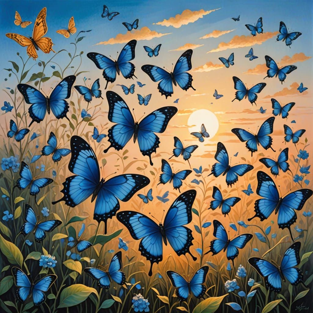 Surreal Blue Butterflies Soar in a Gouache Sunrise