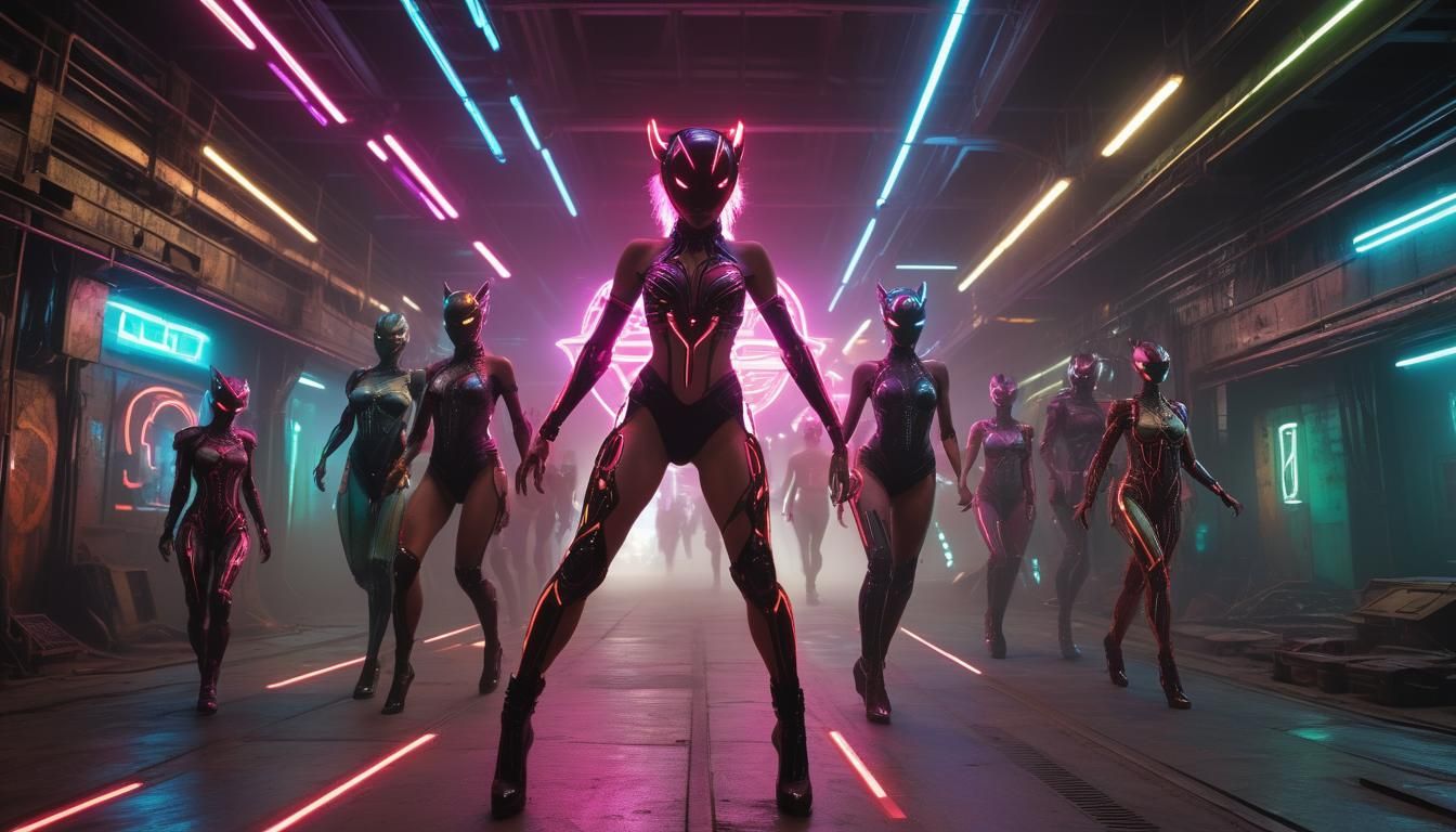 Energetic Cyberpunk Rave Scene with Neon Lights