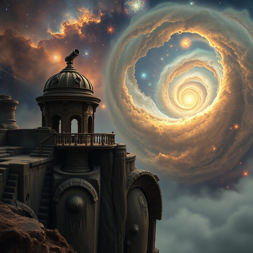 Ancient Observatory Overlooking Cosmic Nebula in Fantasy Sty...