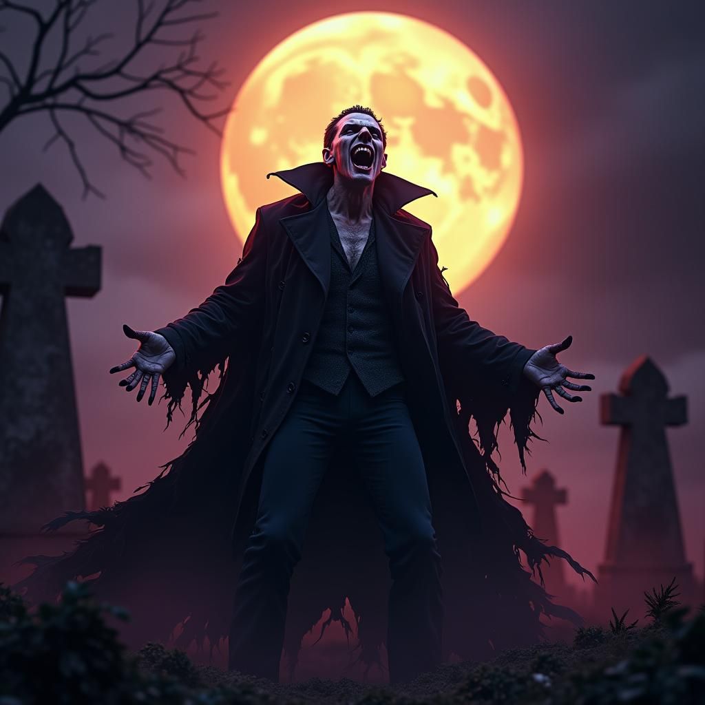 Midnight Vampire in Graveyard, Dark Fantasy Art