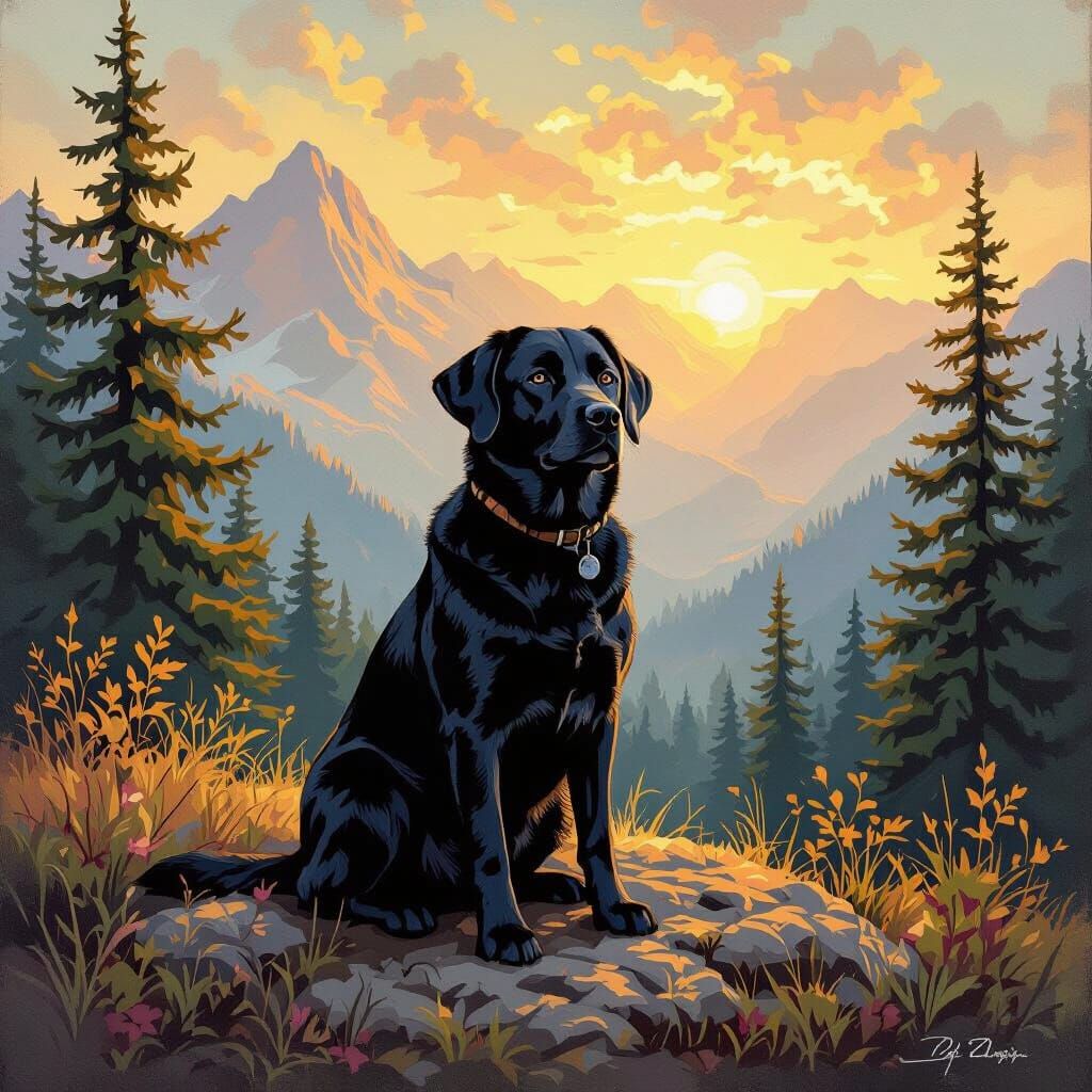 Black Lab Serenity: Mountain Landscape in Art Style