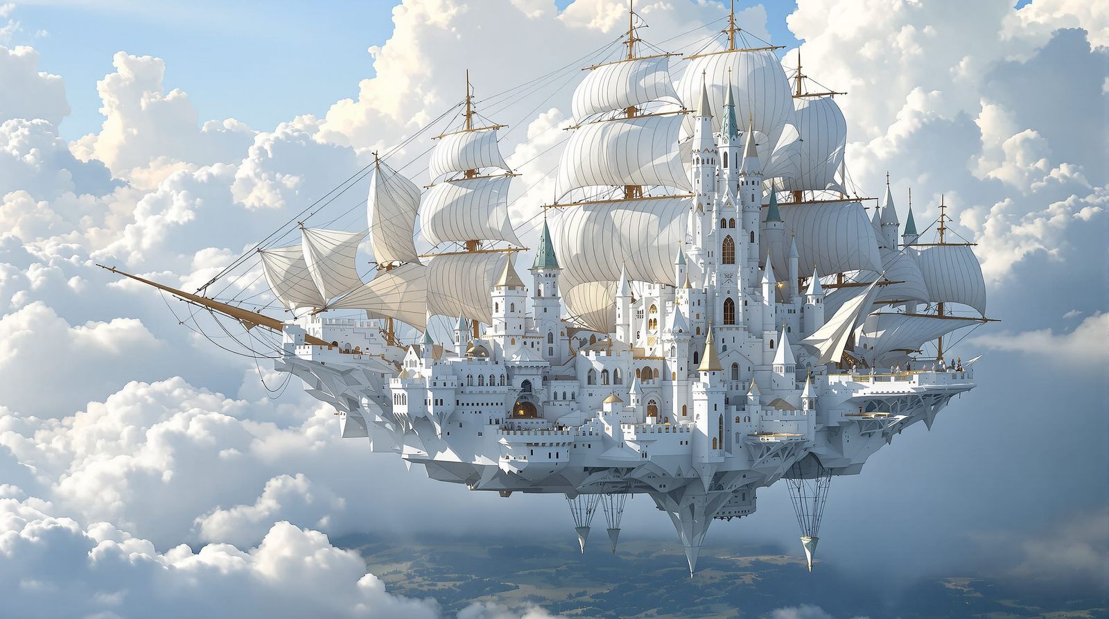 Majestic Flying Castle Ship Soaring Through Clouds