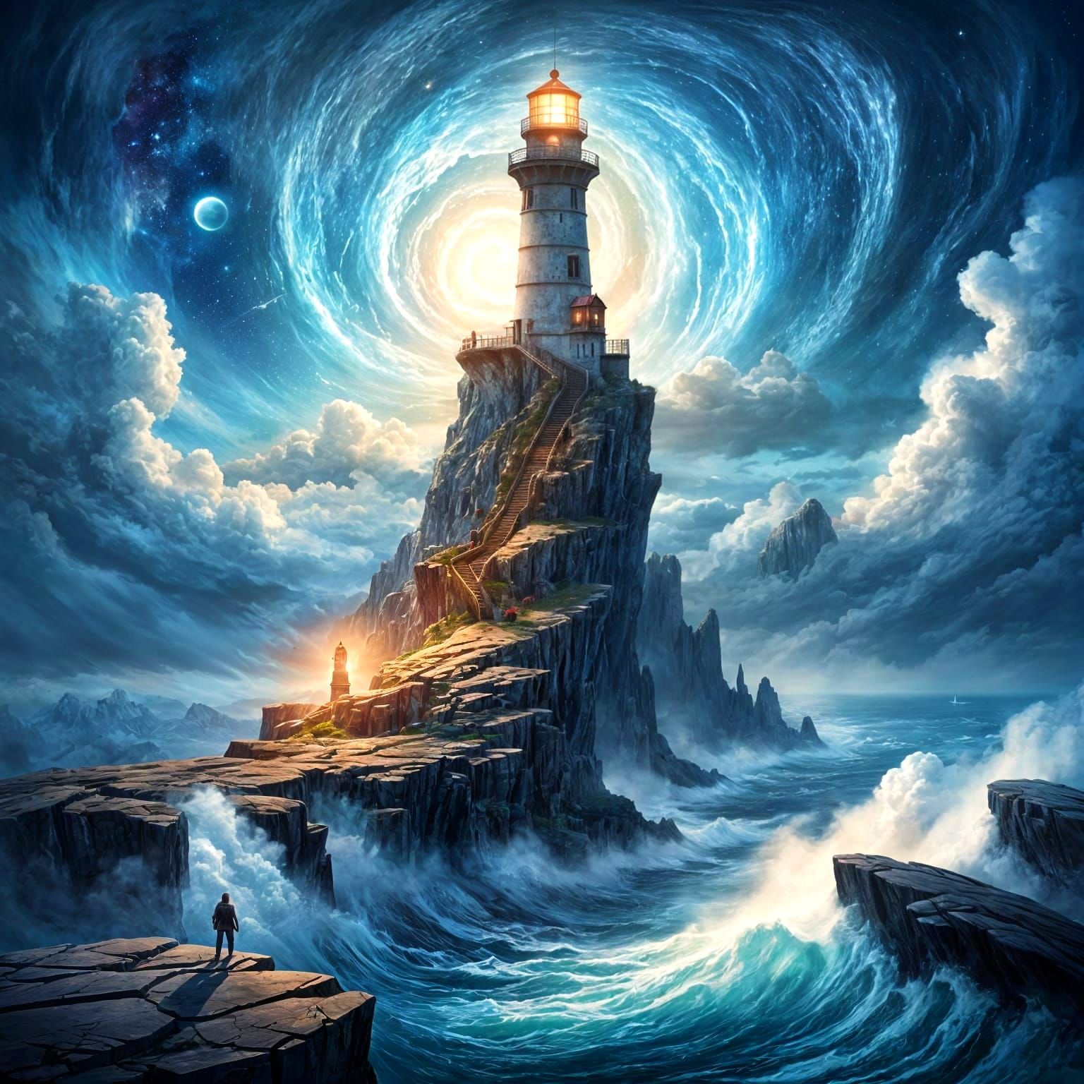 Epic Fantasy Lighthouse Above Cloud Sea with Nebulae