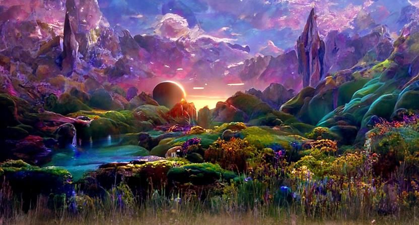 Pastel Alien Landscape with Luminous Stars