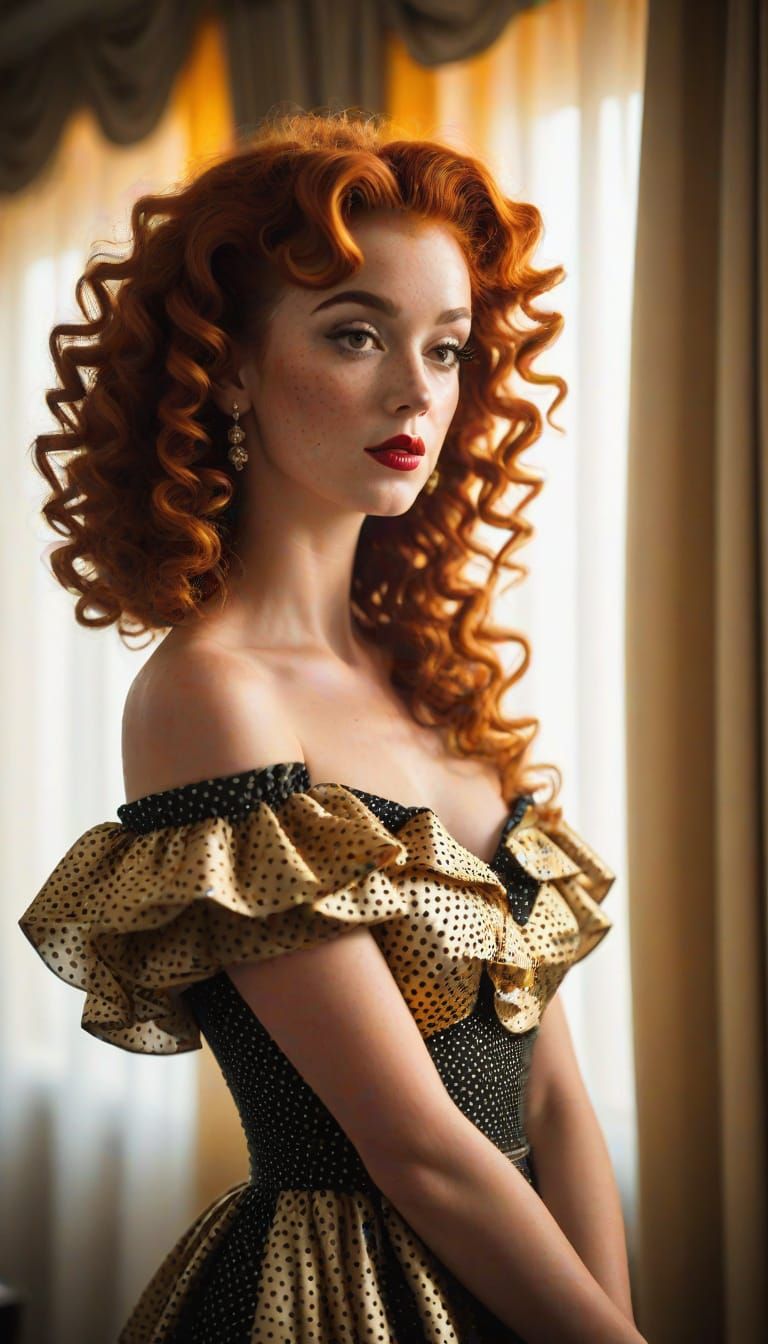 Vintage Glamour Lady with Red Curls in Gold Dress