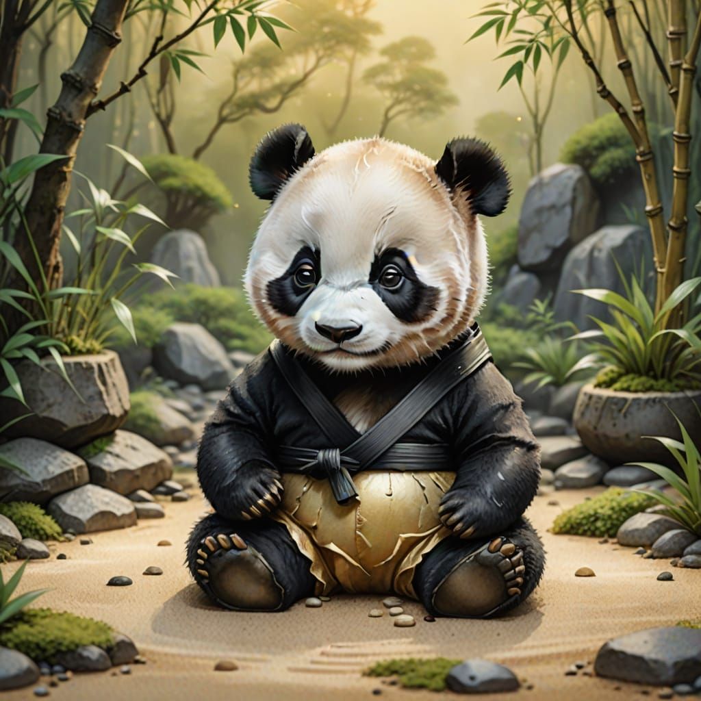 Panda Meditating in Zen Garden as Watercolor
