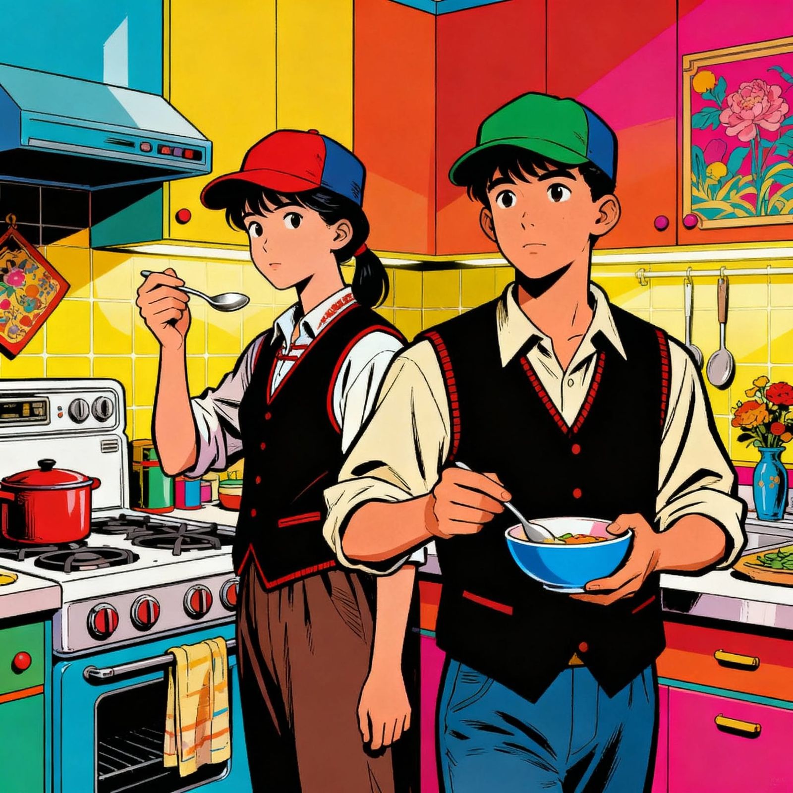 Comic Style Illustration of Youth in Retro Kitchen