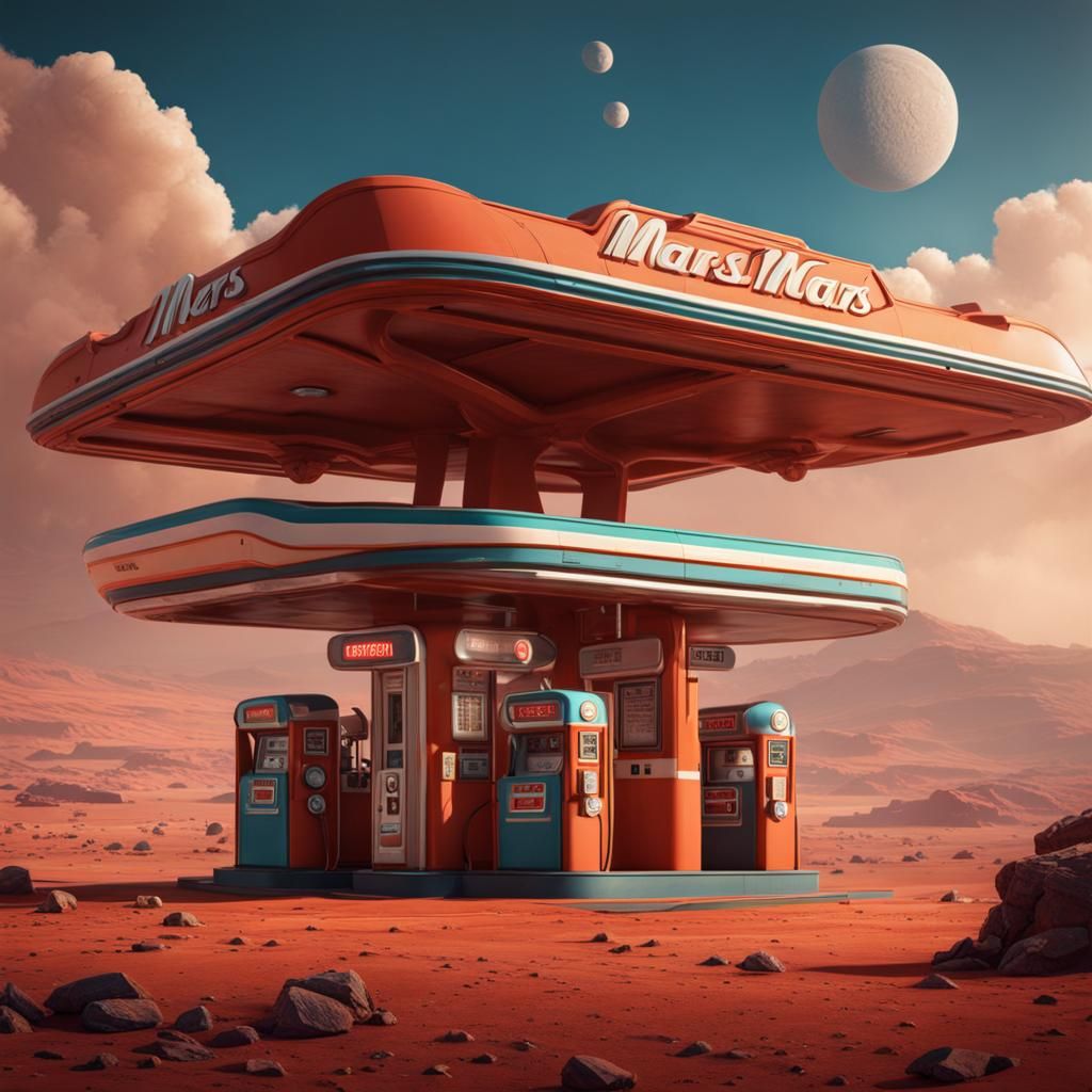 Retro Gas Station on Mars: Detailed Matte Painting