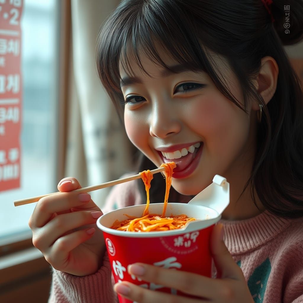 Korean Girl Enjoys Spicy Noodles: Detailed Matte Painting