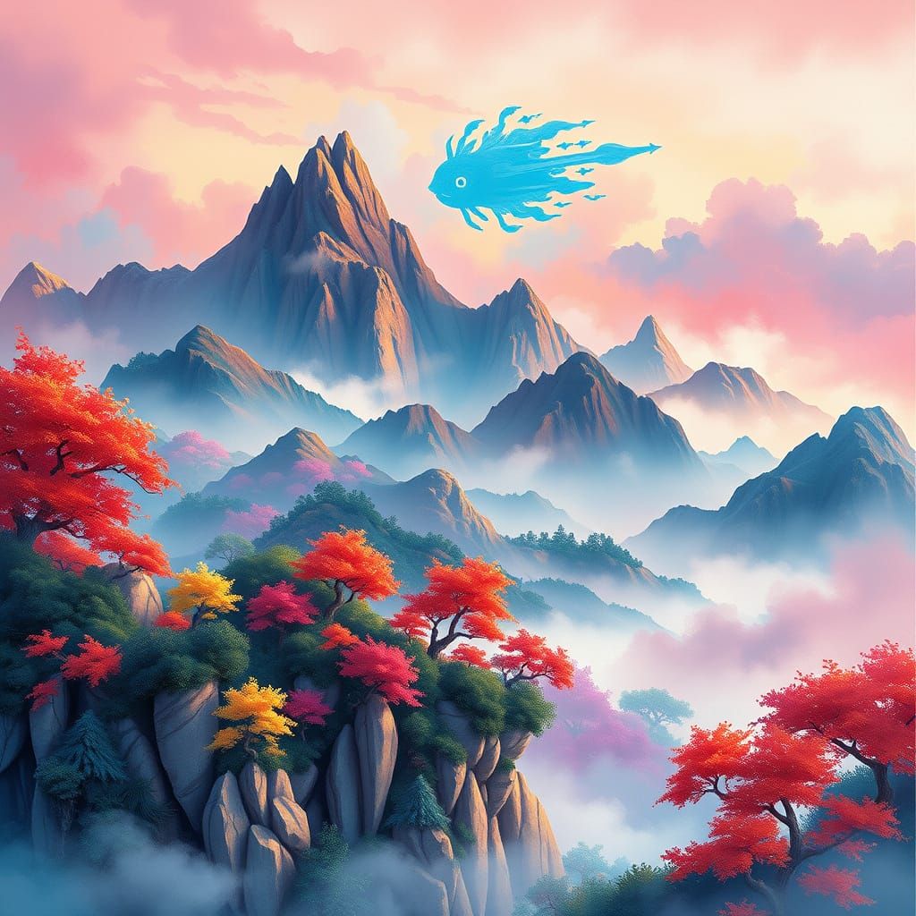 Anime Chinese Landscape with Mountains and Mist