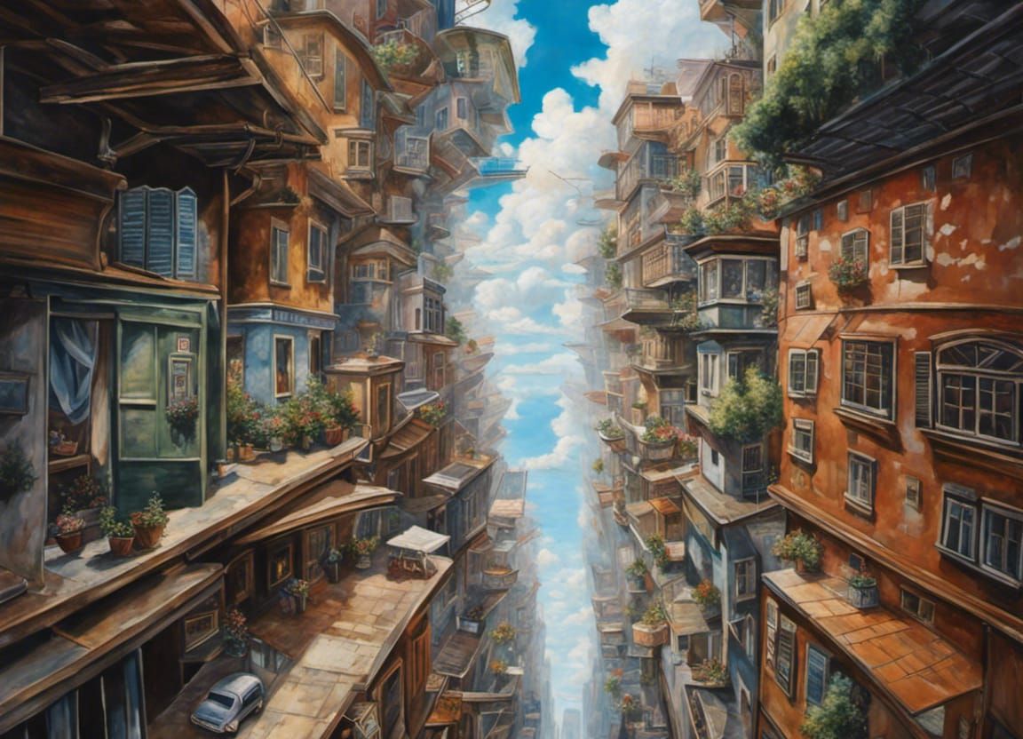 Upside Down Cityscape: A Hyperrealistic Dream Painting
