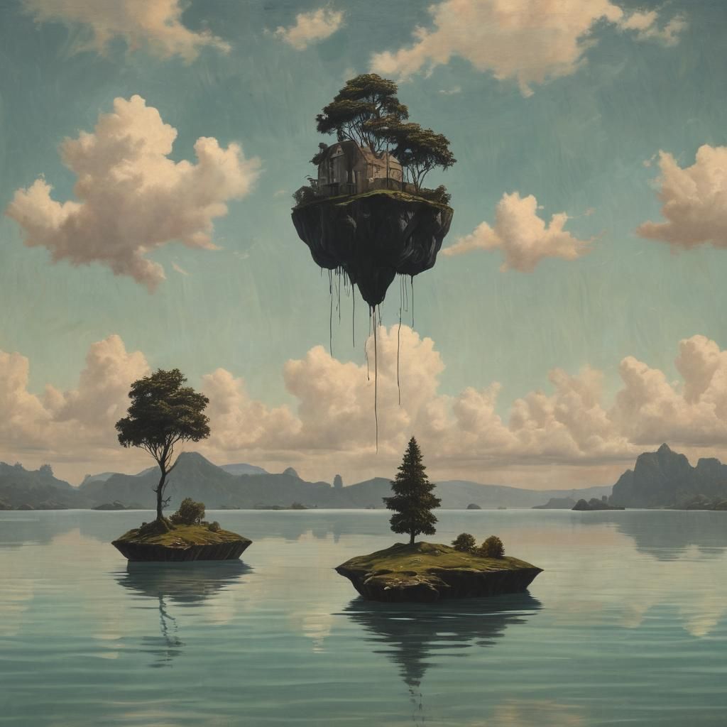Surreal Floating Island Silhouettes as Oil Painting