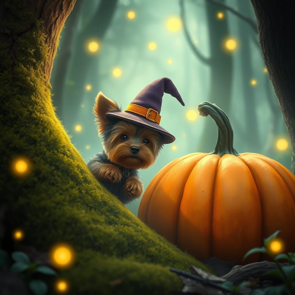 Yorkie Witch in Enchanted Forest Behind Giant Pumpkin