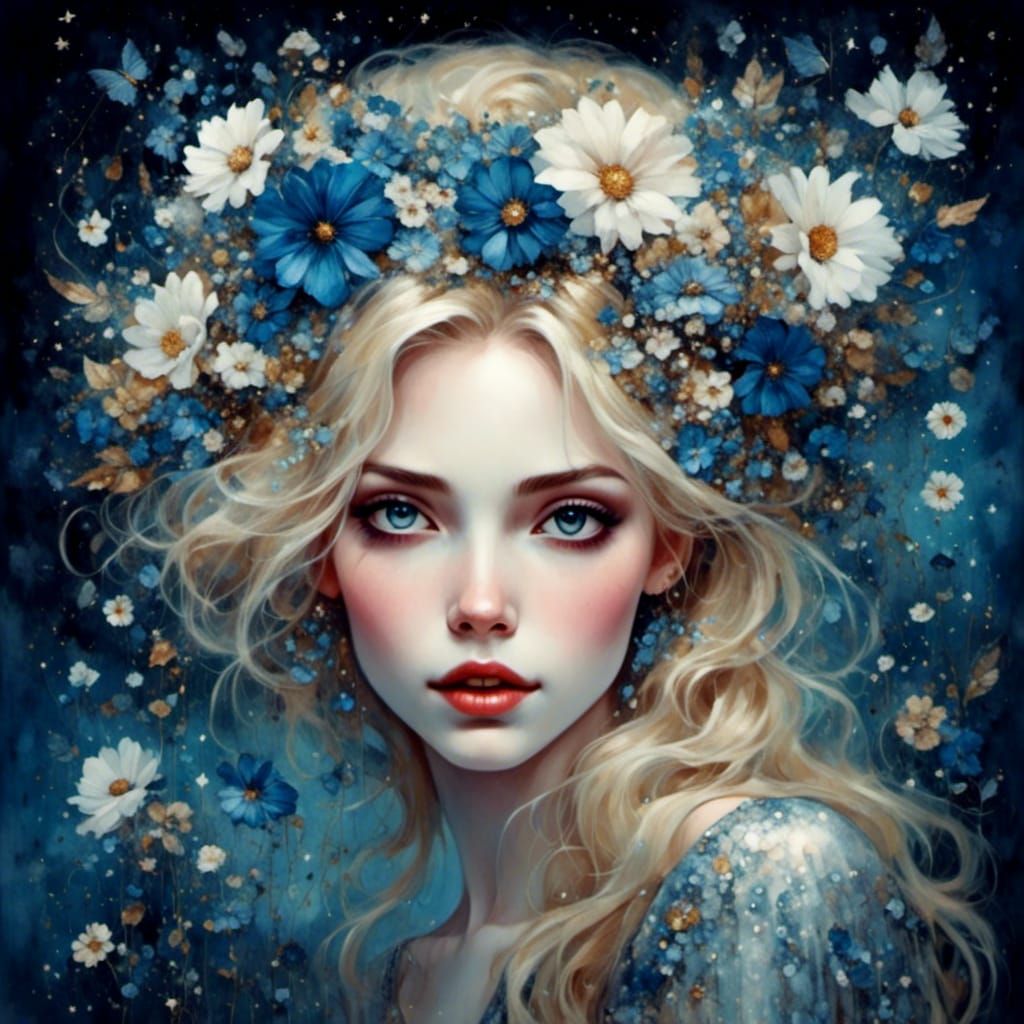 Blonde Goth Woman with Floral Halo in Starry Night