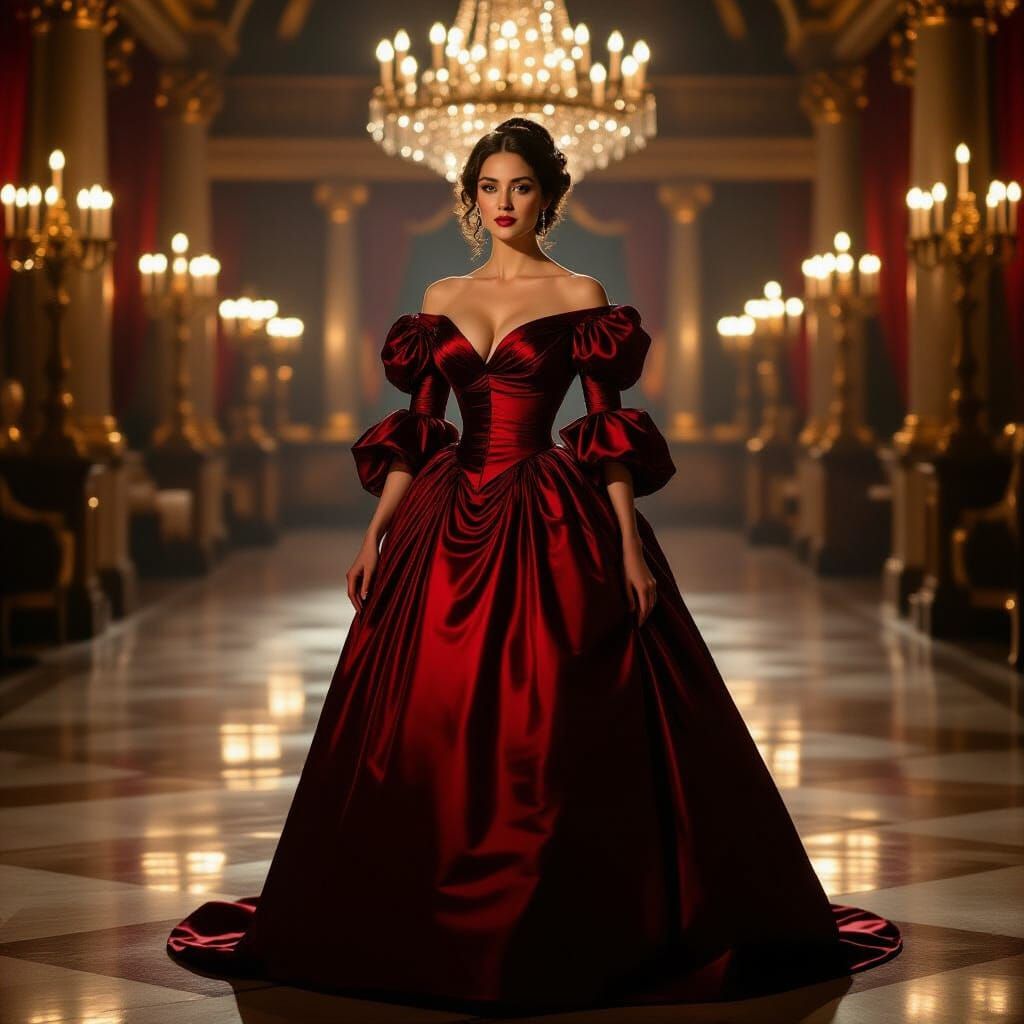 Elegant Woman in 1830s Red Ballgown in Candlelit Ballroom