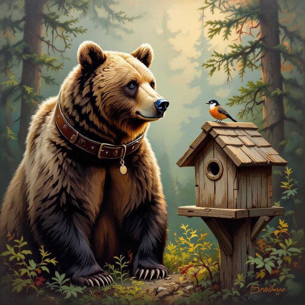 Grizzly Bear Guarding Birdhouse as Oil Painting