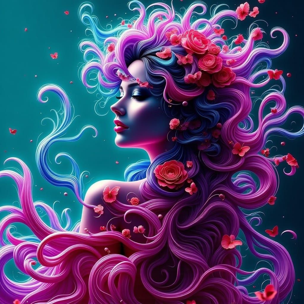 Magenta and Teal Lady: Modern Digital Portrait