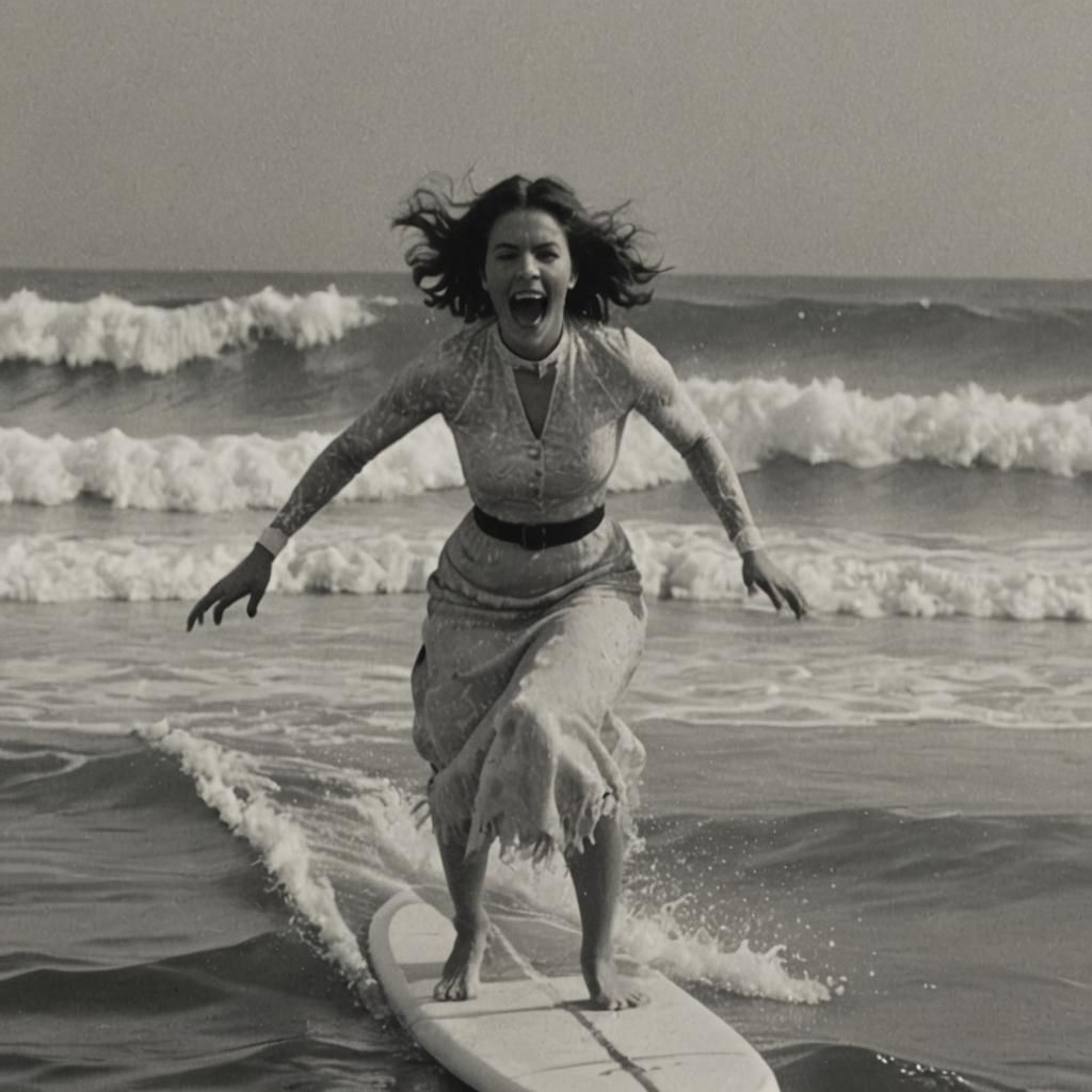 Surreal Vaporwave Woman Surfing in Futuristic Cityscape