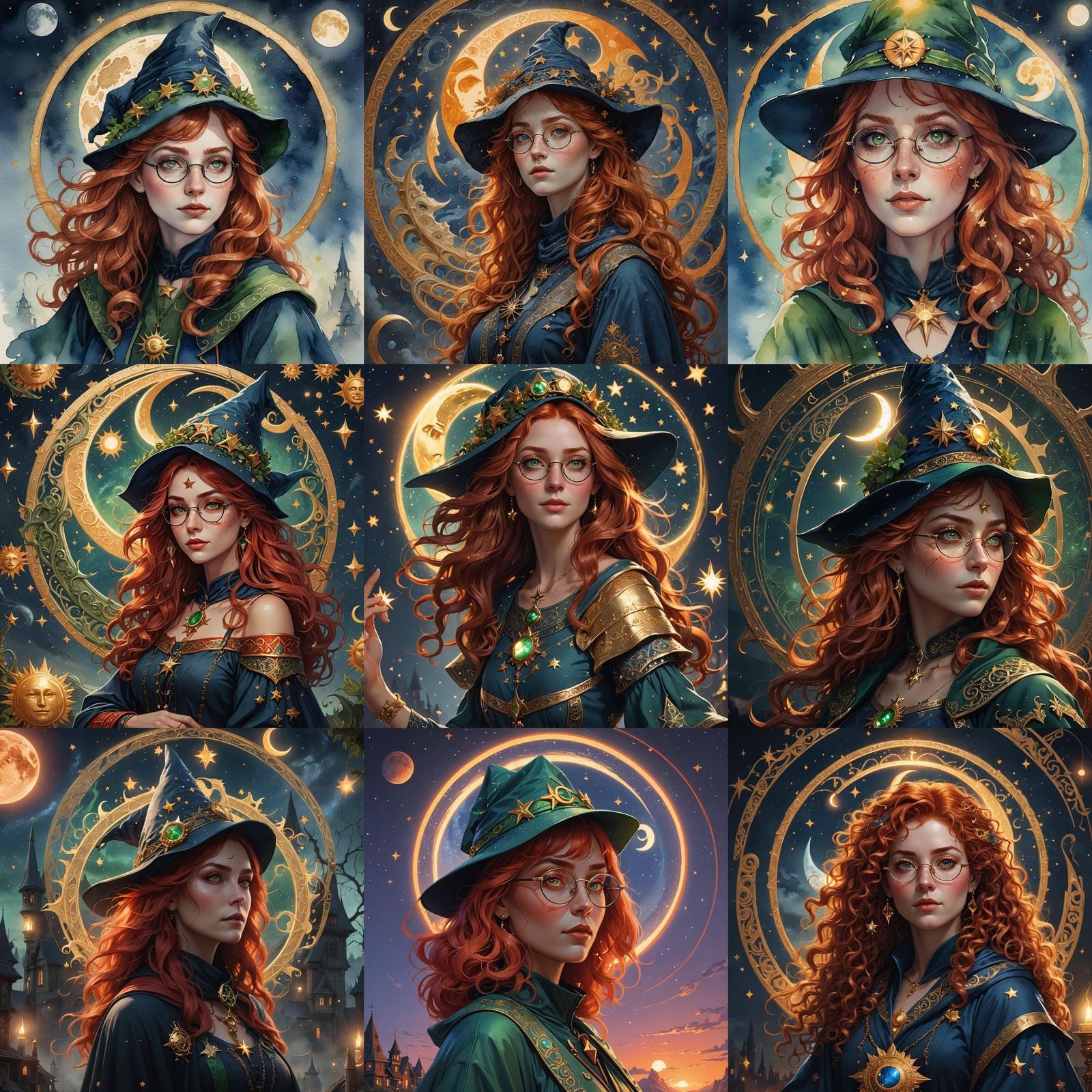 Whimsical Witch Portrait with Gold Celestial Symbols