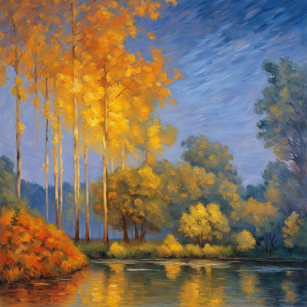 Twilight Pond Reflecting Sky in Impressionist Oil Painting