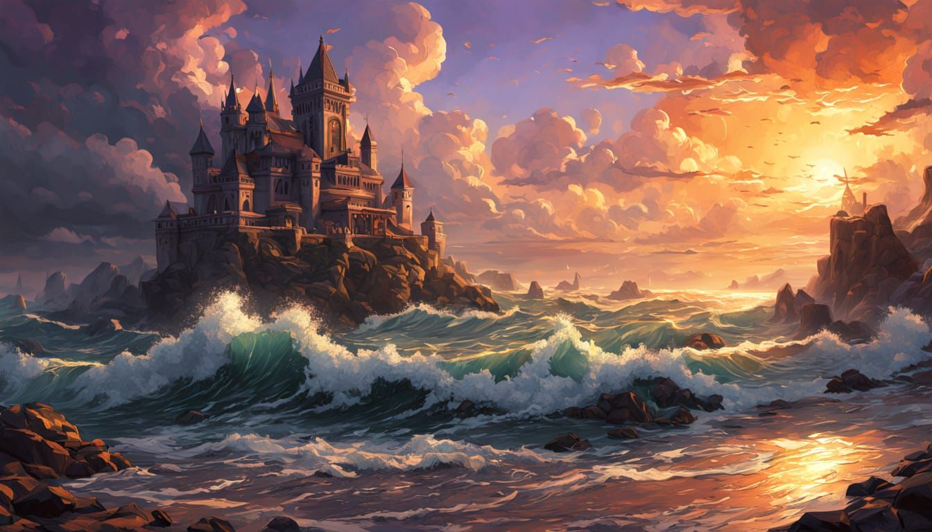 Dark Fantasy Seascape: Sun Sinks into Churning Sea