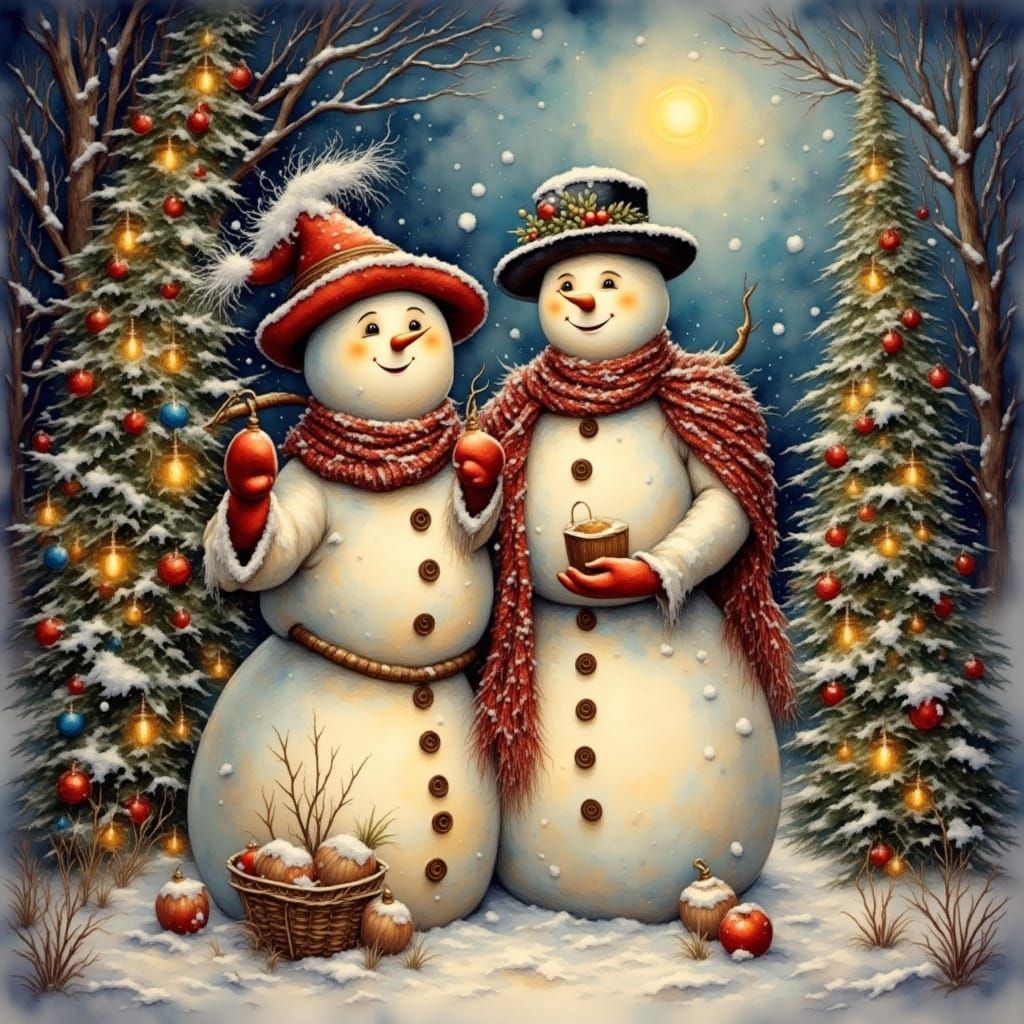 Caroling Snowmen in Antique Watercolor Style