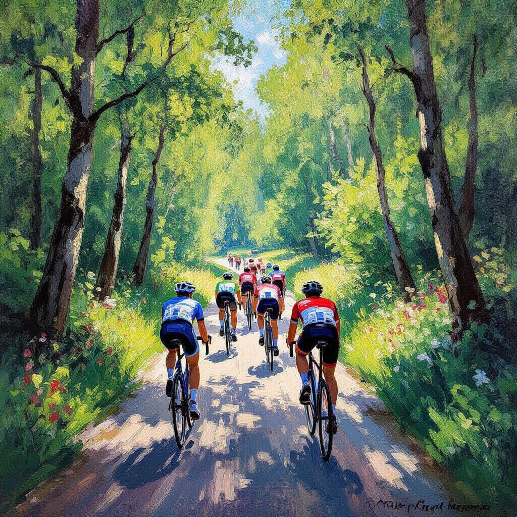 Cyclists Race Through Forest in Impressionist Style