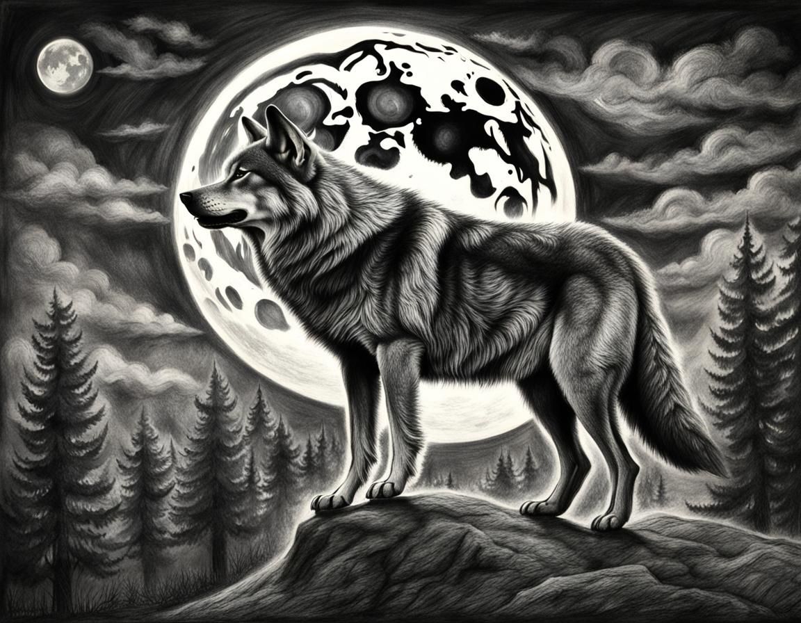Detailed Charcoal Drawing of Wolf Howling at Moon