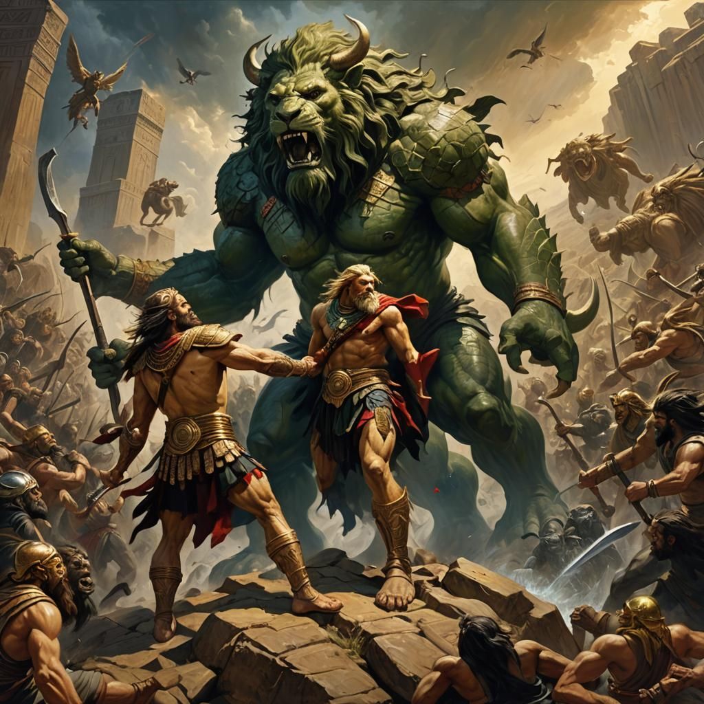 Gilgamesh and Enkidu's Triumph: Renaissance Oil Painting