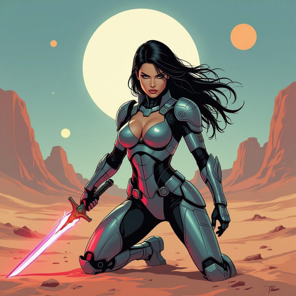 Cybernetic Warrior on Alien World: Cel-Shaded Art