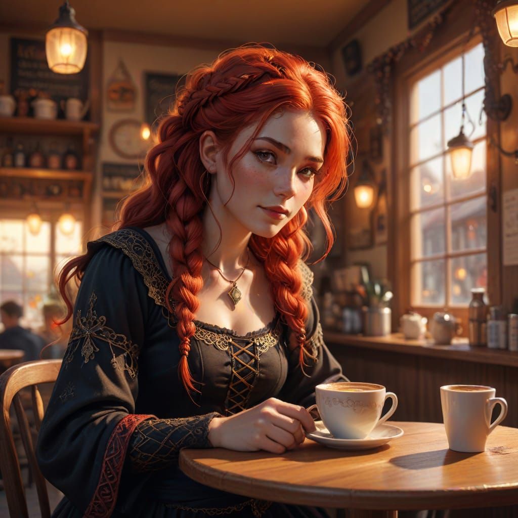 Witch Enjoys Coffee in Cozy Cafe with Golden Hour Lighting
