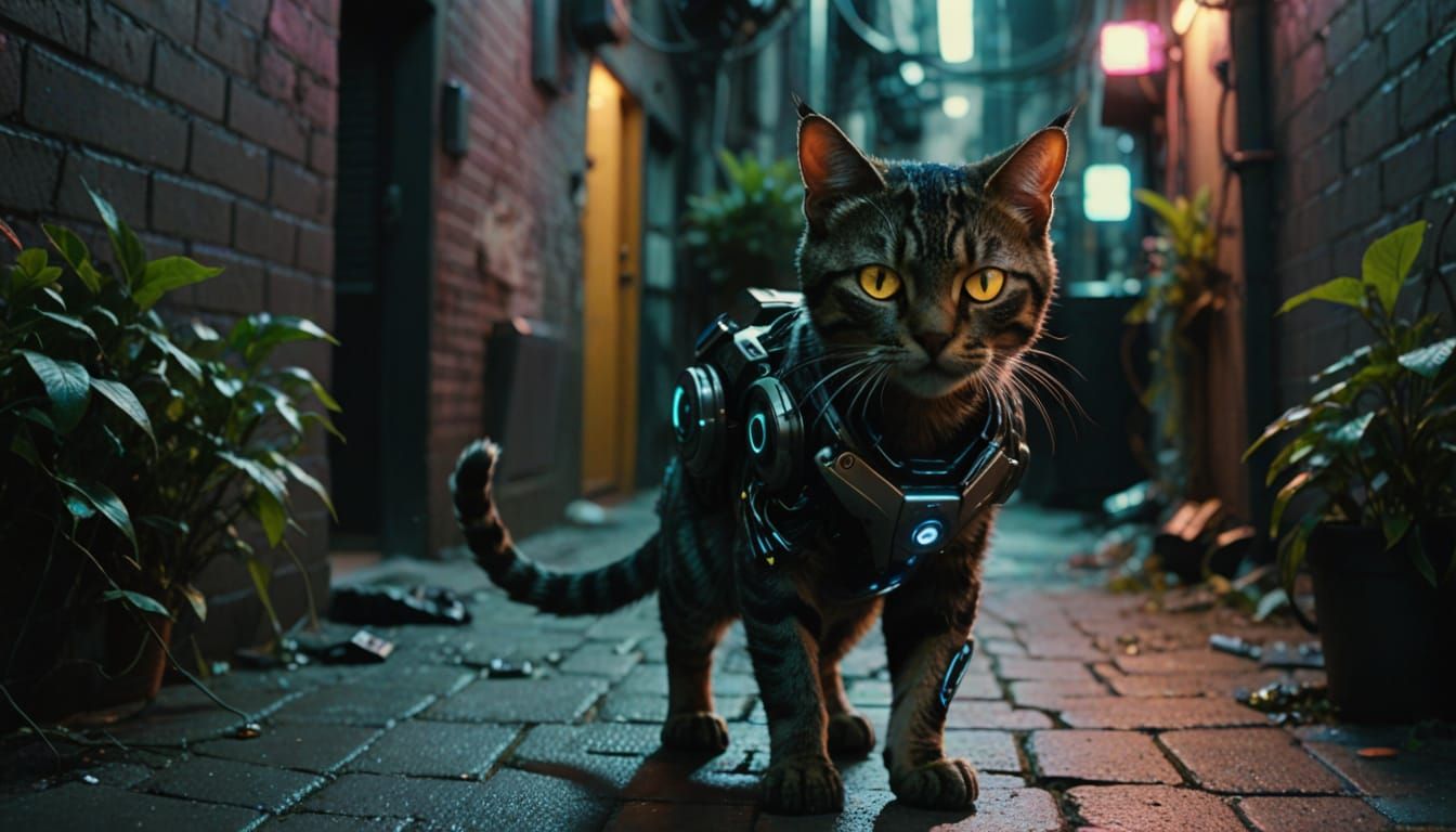 Cyberpunk Cyborg Cat with Advanced Tech in Vine-Covered Alle...