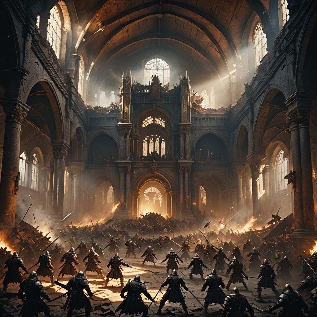 Epic Fantasy Battle in Ruined Hall