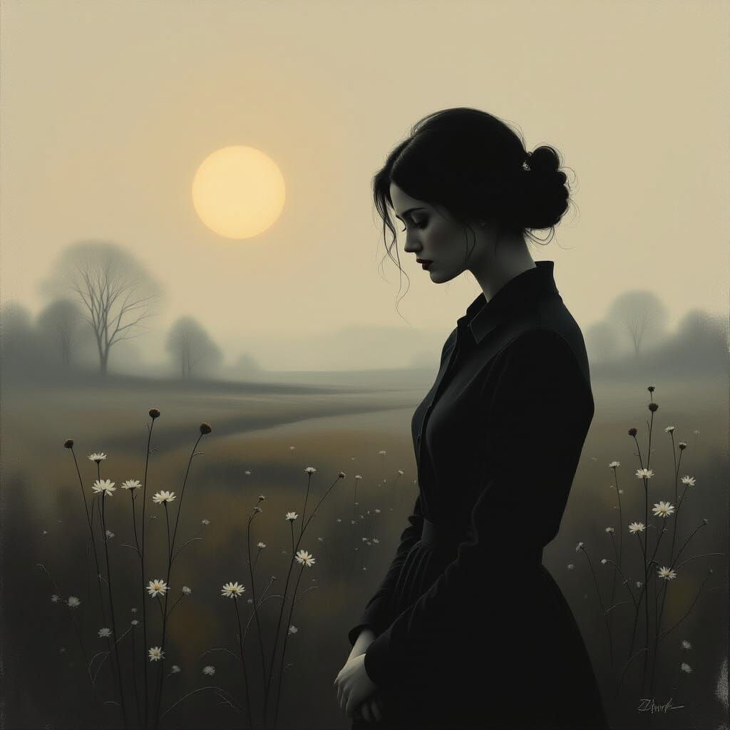 Melancholic Woman in Nostalgic Landscape, Eerie Art