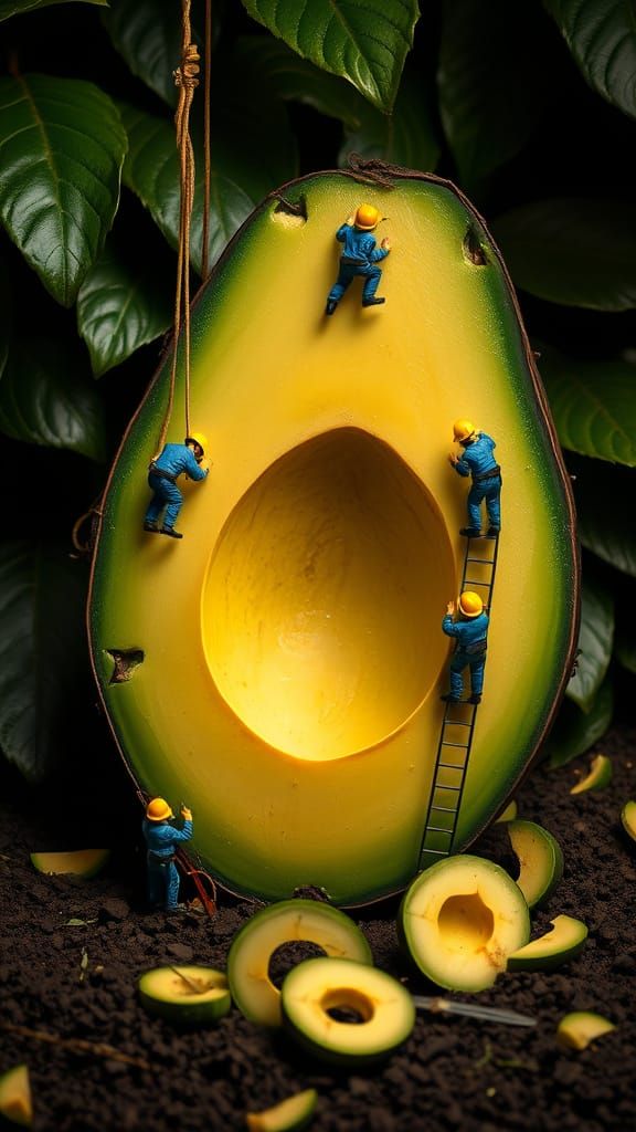 Construction Workers in a Whimsical Avocado Landscape