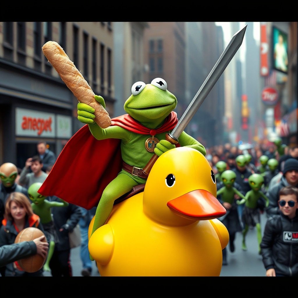 Kermit the Frog Superhero Rides Rubber Duck