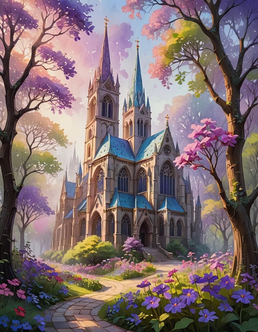 Fantasy Cathedral with Purple Flower in Impressionist Style