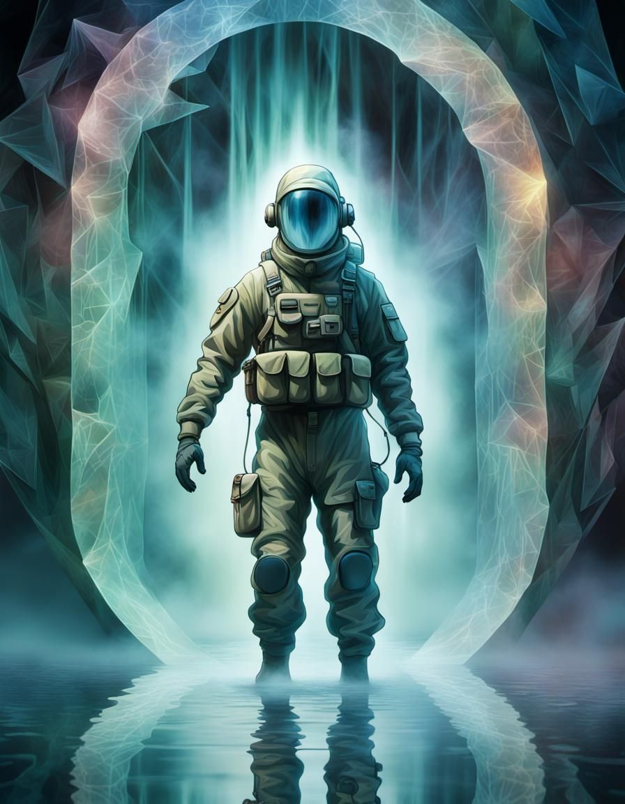 Soldier Enters Crystalline Portal in Cubist Style