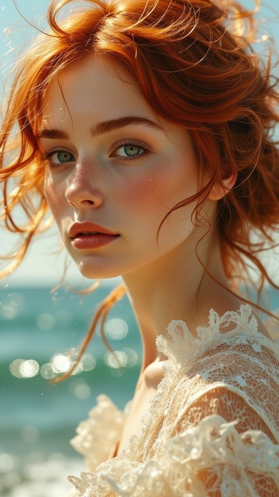 Ethereal Portrait in Photoreal Style: Red-Haired Beauty in F...